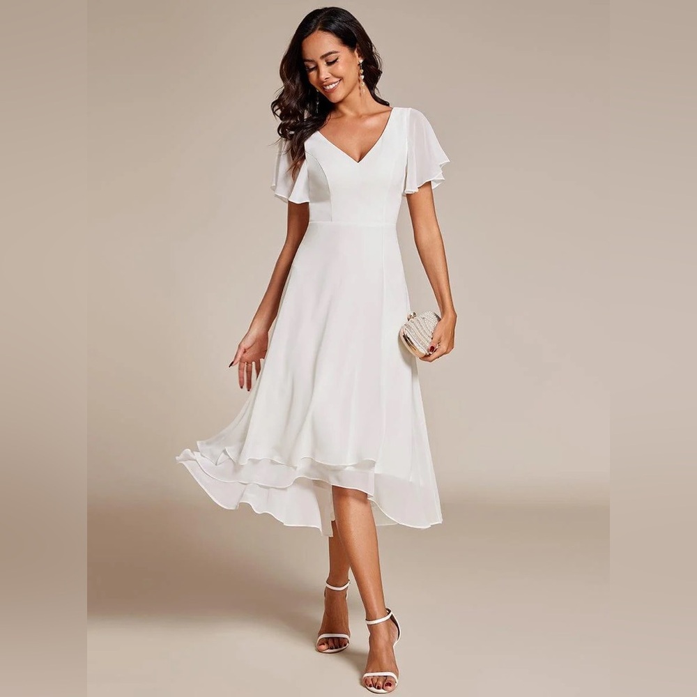 Flowing Chiffon V-Neck Ruffle Sleeves White Dress